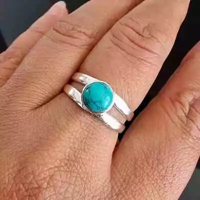 Round Turquoise Ring 925 Sterling Silver Ring December Birthstone Jewelry • $15.29