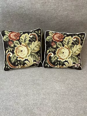 Vintage Needlepoint Throw Pillows Flowers Roses Velvet Brown Gold Pair Set 12x12 • $62.99