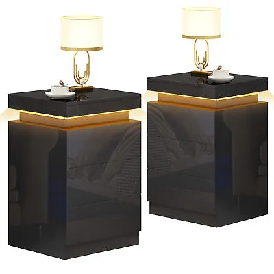 Set Of 2 High Gloss LED Nightstand With 3 Drawers 27  Tall Bedside Table Bedroom • $159.99