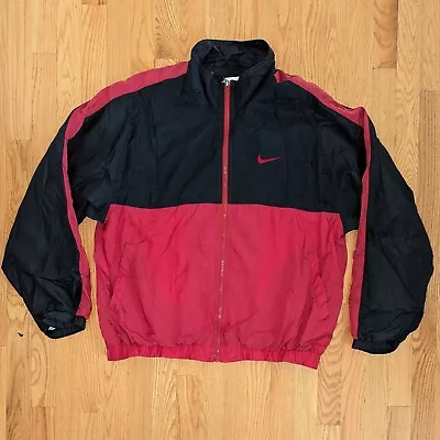 Vintage Nike Windbreaker Jacket Black Red Mens Large Center Swoosh Back Full-Zip • $35.99