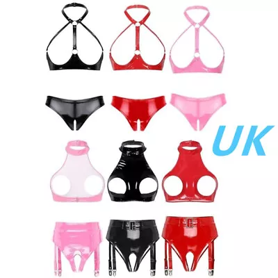 UK Women 2 Piece Lingerie Set Wetlook Patent Leather Cutout Bra With Panties Set • £10.59