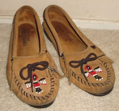 EUC Women's 7 Minnetonka Moccasins Vintage Thunderbirds Boat Sole Leather Suede • $22.99