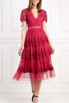 NEEDLE & THREAD Sz 6 US Pink Berry Lace Layered Tulle Embroidered Dress • £216.95