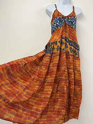 Orange Maxi Dress Long Hippie Indian Festival Boho One Size Tiered Party Retro • $26.19