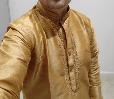 £42 • Buy Indian Wedding Men Clothes Set - Men's Kurta & Matching Trousers Gold Silk Set