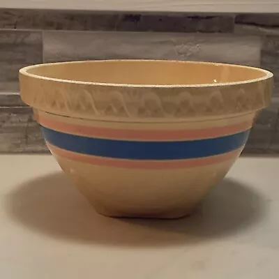 Vintage McCoy Yellow Ware Blue Pink Striped Mixing Bowl Pie Crust Rim • $58.99