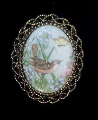 Vintage Hand Painted Porcelain Floral Bird & Butterfly Brooch Pin Pendant Signed • $25.15