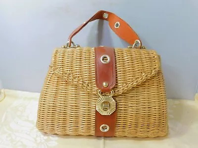1960's Woven Basket Style Handbag-Made In  British Hong Kong Leather Strap • $24.95