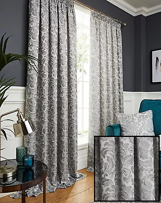 Grey Silver Damask Jacquard Pair Of Tape Top Pencil Pleat Fully Lined Curtains • £9.97