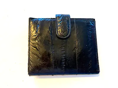 Black 100% Eel Skin Leather Wallet Coin Billfold 5 X 4 Inches  Snap Kiss Closure • $5