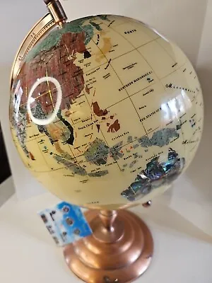 World Globe Inlaid Precious Gemstones With Copper Stand 21  & Tag Abalone 1980s • $336.56