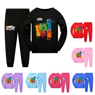 Kids Number Blocks Cotton Long Sleeve T-shirt Pants Suits Casual Pajamas Sets UK • £9.68