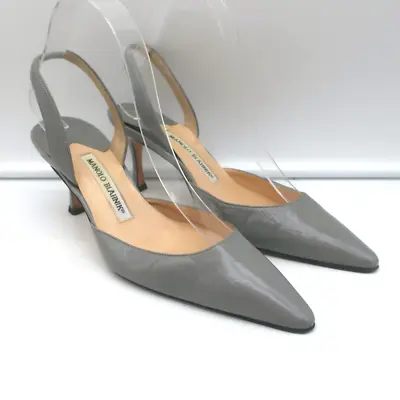 Manolo Blahnik Carolyne Slingback Pumps Gray Leather Size 37 Pointed Toe Heels • $199