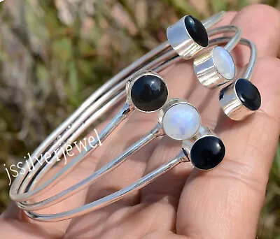 Black Onyx Moonstone Gemstone Bangle 925 Sterling Silver Birthstone Jewelry • $20.55