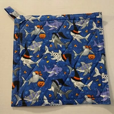 Handmade Pot Holders Halloween Theme Sharks With Witch Hats And Candy Corn 9 X9  • $5.99