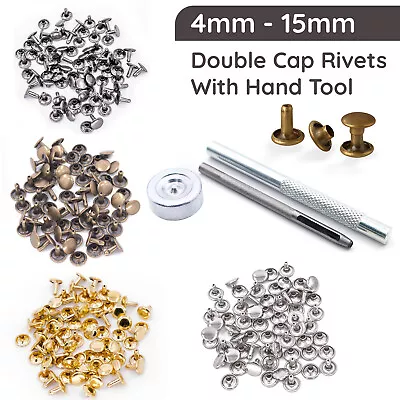 Double Cap Rivets 4/5/6/7/8/9/10/12/15mm Studs Leather Craft Rapid Repair + Tool • £11.09