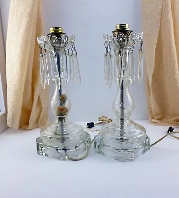 Pair Of Early 20th Century Crystal Table Lamps With Hanging Glass Prisms  • $85