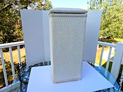 Vtg LaMONT Woven Wicker Laundry Hamper; Padded Lid; White • $50