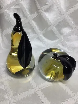 Vtg MURANO? Art Glass Apple & Pear W/black Leaves Polished Base • $35