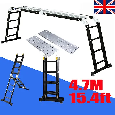 15.4ft Folding Aluminum Extension Ladder Platform Ladder W/ Scaffold Platform • £121.97