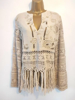 £39.99 • Buy New Zara Sand Fringe Hem Embroidered Crochet Top Size S L Fit Size 8 10 12 14
