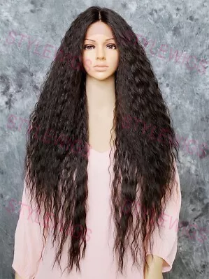 Dark Brown Extra Long Full Wavy Heat Safe Lace Front Human Hair Blend Wig EVFB • $86.85
