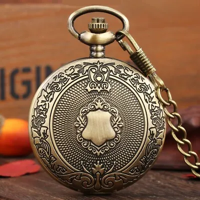 Handcrafted Carved Shield Design Waistcoat Quartz Pocket Watch With Hook Chain • £5.99