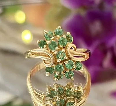 14k Yellow Gold Ladies Vintage Green Tsavorite Cluster Cocktail Band Ring Sz 7 • $427.40