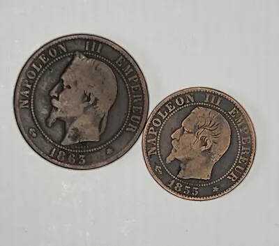 Napoleon III Dix (10) Centime & (cinq) Centime  Coins . 1863 & 1855 • £5.49