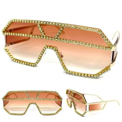 Oversized Modern Retro Shield Bling SUN GLASSES Gold Frame Pink Lens Rhinestones • $16.99