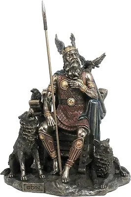Bronze Tone Norse God Odin With Spear With Wolves And Ravens Statue 10.25 In • $119.99