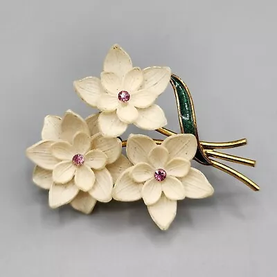 Vintage West Germany White Plastic Green Guilloche Crystal Flower Bouquet Brooch • $28.86