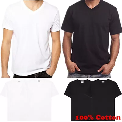 For Men 100% Cotton Thick Basic Tee Casual T-Shirt Crew V-Neck White Black S-4XL • $9.99