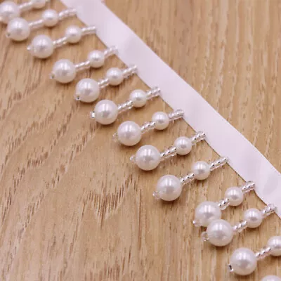 1 Yard Hanging Bead Pearl Tassel Fringe Lace Edge Trim Ribbon Costume Sew Craft • £6.59