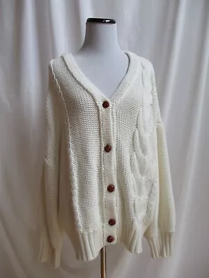 Staud Blake Cardigan Size Large Oversized V Neck Cableknit Sweater Ivory • $120