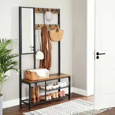 Rustic Brown Metal Wooden Hall Tree Storage Stand Mirror Entry Bench Coat Rack • $154.90