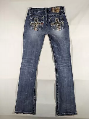 Miss Me Jeans Womens 26x34 Blue Denim Mid-Rise Boot Cut Rhinestone Jewel • $29.99