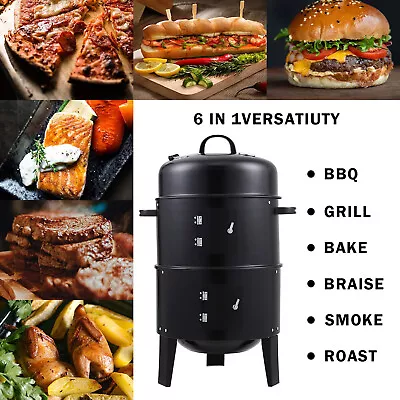 3 In 1 Charcoal BBQ Grill Barbecue Smoker Garden Backyard Outdoor Cooking Black • £88.95