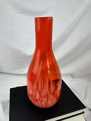 Vintage Retro MCM Style Blown Swung Art Glass Vase Red Orange & White Splatter • $30