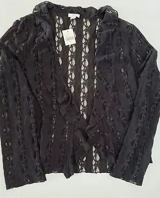 New J.Jill Open Front Cardigan L Brown Lace Ruffle Hook Eye Closure Stretch • $14.99