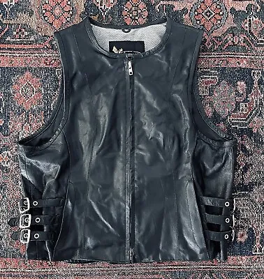 $34.99 • Buy Vintage 90s Black Leather Motorcycle Vest W/Buckles•Skull Patch•Biker•Sturgis•XL
