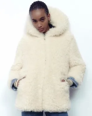 NWT ZARA Oversized Faux Fur Ecru Cream White Hooded Jacket 6318/245 Size L • $119