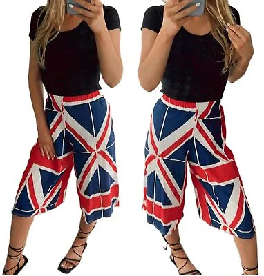£10.99 • Buy Womens Wide Leg Union Jack Culottes Trouser Ladies British Flag Printed Shorts