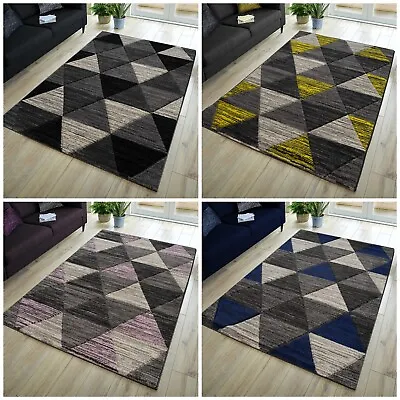 Area Rugs Living Room Carved Geometric Triangles Striped Carpet Floor Rugs Greys • £15.95