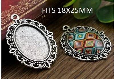 10 Tibetan Silver Oval Carved Cabochon Blank Pendant Flat Back Settings 18x25mm • £4.25