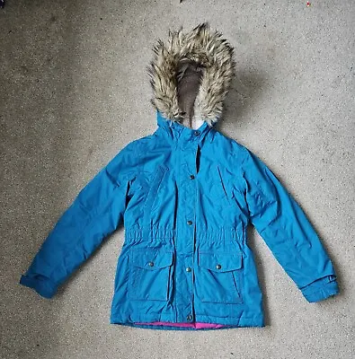 Girls Lands End Turquoise Waterproof Autumn/Winter Coat Faux Fur Trim Age 12/13  • £3