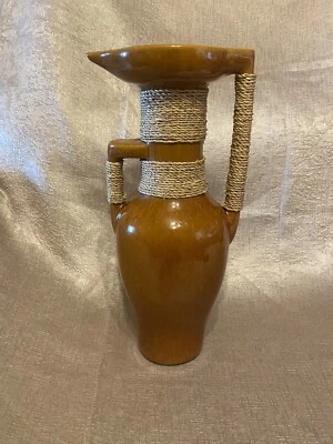 Unusual Two Handled Pottery Jug Pitcher Vase With Rattan/Wicker Wrap Large • £59.99
