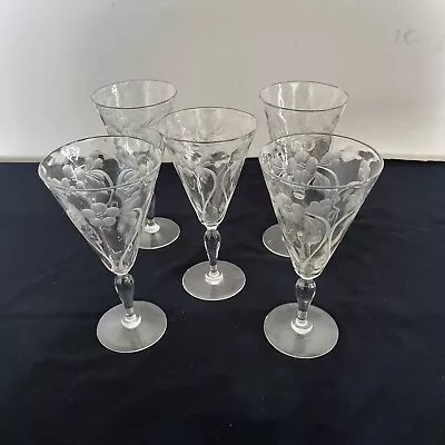 Vintage Antique Elegant Glass Floral Flower Wine Glasses Etched  Set Of 5 • $59.99