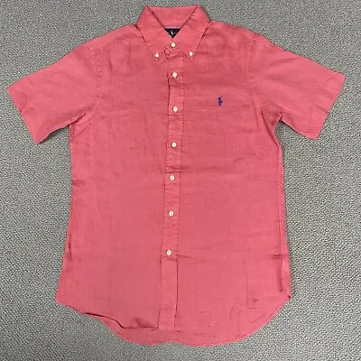 RALPH LAUREN Shirt Mens Small Pink Coral Linen Short Sleeve Button Up Pony • £40