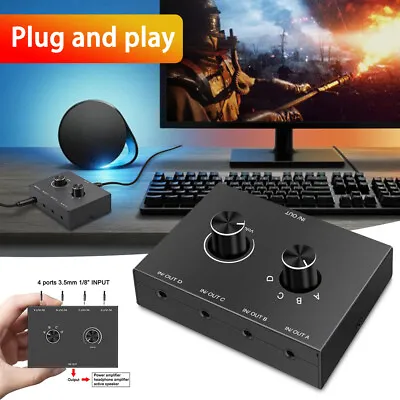 New 4 Port Audio Switch 3.5mm Audio Switcher Stereo AUX Audio Selector 4 Input • £15.92